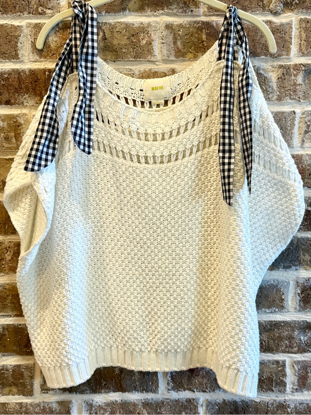 Anthropologie Maeve White Chunky Knit Sweater Gingham Tie Shoulders M/ Oversized